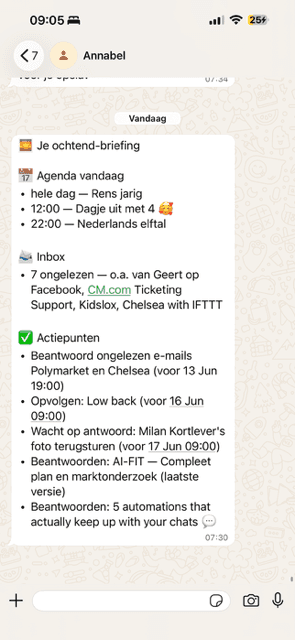 Dagelijkse ochtend-briefing van Annabel in WhatsApp